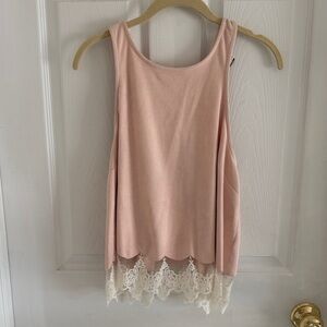 Paper Crane SUEDE Blush Pink Tank with Cream Eye Lash Lace Trim